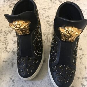 Versace Black and Gold Sneakers with Ornate Design